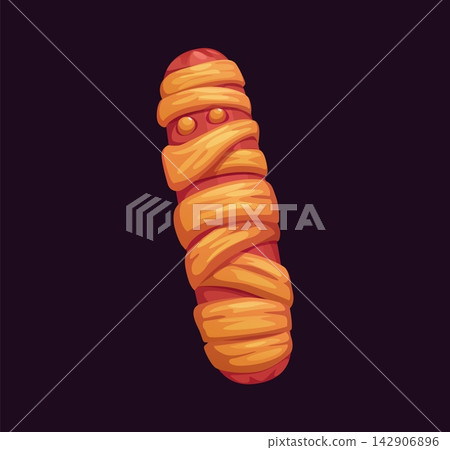 Cartoon Halloween scary hot dog wrapped tightly in golden mummy bandages with two glowing round eyes. Halloween sweet treat character for spooky party menus and October food packaging 142906896