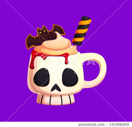 Cartoon Halloween skull shaped mug topped with swirled cream, red syrup drip, bat cookie and striped candy stick. Spooky ceramic mug with skeleton face and dripping crimson syrup for cafe menu design Cartoon Halloween skull shaped mug topped with swirled cream, red syrup drip, bat cookie and striped candy stick. Spooky ceramic mug with skeleton face and dripping crimson syrup for cafe menu design 142906899
