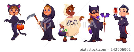 Kids Halloween party. Cartoon children characters with pumpkin buckets in spooky costumes of black cat, vampire, grim reaper, bat and ghost. Vector boys and girls trick or treat celebration fun Kids Halloween party. Cartoon children characters with pumpkin buckets in spooky costumes of black cat, vampire, grim reaper, bat and ghost. Vector boys and girls trick or treat celebration fun 142906901