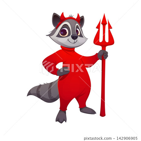 Cartoon Halloween raccoon character wearing red devil costume and holding pitchfork. Playful smiling animal mascot with small horns for kids holiday stickers, greeting cards or autumn festival posters Cartoon Halloween raccoon character wearing red devil costume and holding pitchfork. Playful smiling animal mascot with small horns for kids holiday stickers, greeting cards or autumn festival posters 142906905