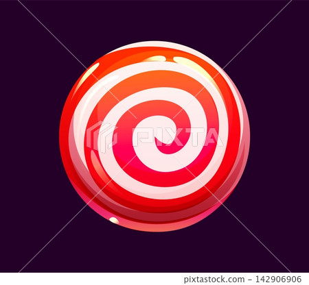 Cartoon Christmas peppermint spiral candy with shiny surface and vibrant swirl striped pattern. Fun red lollypop dessert icon for greeting cards, stickers and seasonal confectionery advertising Cartoon Christmas peppermint spiral candy with shiny surface and vibrant swirl striped pattern. Fun red lollypop dessert icon for greeting cards, stickers and seasonal confectionery advertising 142906906