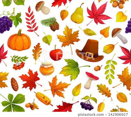 Thanksgiving Day seamless pattern background for autumn fall holiday. Thanksgiving seamless pattern of pumpkins with oak acorns and maple leaves, pilgrim hat and fall harvest berries and honey Thanksgiving Day seamless pattern background for autumn fall holiday. Thanksgiving seamless pattern of pumpkins with oak acorns and maple leaves, pilgrim hat and fall harvest berries and honey 142906927