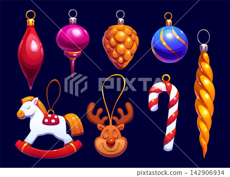 Cartoon Christmas tree ball decoration. Vector festive hanging ornaments, shiny baubles, pinecone, rocking horse, reindeer head, candy cane and twisted icicle. Holiday toys for winter New Year decor Cartoon Christmas tree ball decoration. Vector festive hanging ornaments, shiny baubles, pinecone, rocking horse, reindeer head, candy cane and twisted icicle. Holiday toys for winter New Year decor 142906934