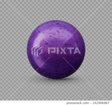 Realistic 3D purple marble material ball on transparent background. Glossy geometric sphere featuring polished purple stone texture with subtle dark mineral veining for 3D modeling texture previews 142906967