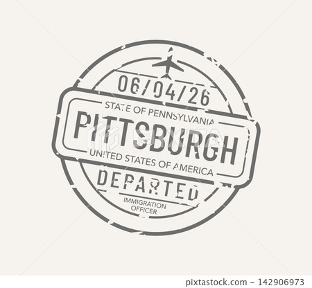 USA travel passport ink stamp for Pittsburgh, Pennsylvania. Vintage round grey departure stamp featuring airplane, entry date and rubber ink grunge effects for postcards, travel blogs and stickers USA travel passport ink stamp for Pittsburgh, Pennsylvania. Vintage round grey departure stamp featuring airplane, entry date and rubber ink grunge effects for postcards, travel blogs and stickers 142906973
