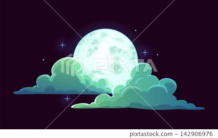 Cartoon Halloween night scene with large glowing full moon and soft green blue clouds. Spooky night sky with small sparkling stars for party invitations, posters, greeting cards and seasonal decor 142906976