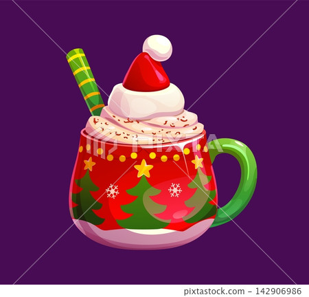 Festive Christmas mug with green handle features winter patterns of pine trees, snowflakes and stars. Hot beverage with whipped cream, Santa Claus hat and wafer roll. Holiday drink for greeting cards Festive Christmas mug with green handle features winter patterns of pine trees, snowflakes and stars. Hot beverage with whipped cream, Santa Claus hat and wafer roll. Holiday drink for greeting cards 142906986