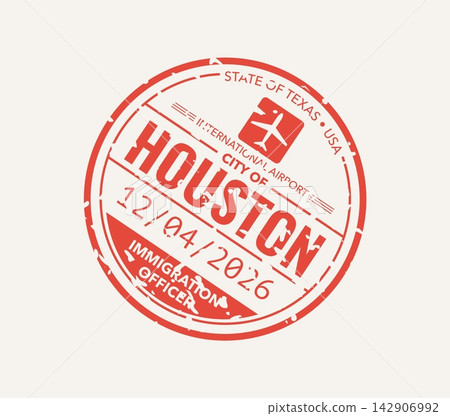 Us Houston travel passport ink stamp, USA airport arrival, American city trip vacation visa label. Vector immigration distressed mark with State of Texas lettering, airplane symbol and departure date Us Houston travel passport ink stamp, USA airport arrival, American city trip vacation visa label. Vector immigration distressed mark with State of Texas lettering, airplane symbol and departure date 142906992