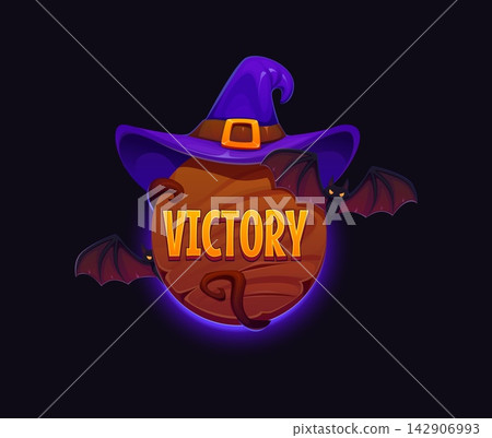 Cartoon Halloween casino victory icon features round wooden badge topped with purple witch hat. Spooky jackpot badge with winged bats for gambling app achievement icons and online casino promo banners Cartoon Halloween casino victory icon features round wooden badge topped with purple witch hat. Spooky jackpot badge with winged bats for gambling app achievement icons and online casino promo banners 142906993