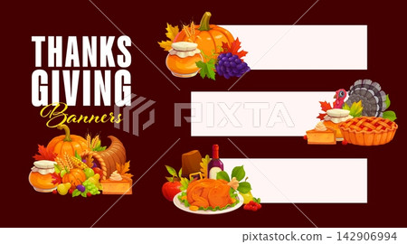 Happy Thanksgiving day paper banners decorated with pumpkins, roasted turkey, pumpkin pie and cornucopia. Cartoon Thanksgiving holiday banners for seasonal website design and greeting headers Happy Thanksgiving day paper banners decorated with pumpkins, roasted turkey, pumpkin pie and cornucopia. Cartoon Thanksgiving holiday banners for seasonal website design and greeting headers 142906994