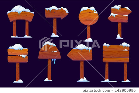 Winter Christmas wooden sign boards with snow. Cartoon vector set of wood signboards covered with snow, round and rectangular billboards, direction arrows, road signages, frames and banners on poles Winter Christmas wooden sign boards with snow. Cartoon vector set of wood signboards covered with snow, round and rectangular billboards, direction arrows, road signages, frames and banners on poles 142906996