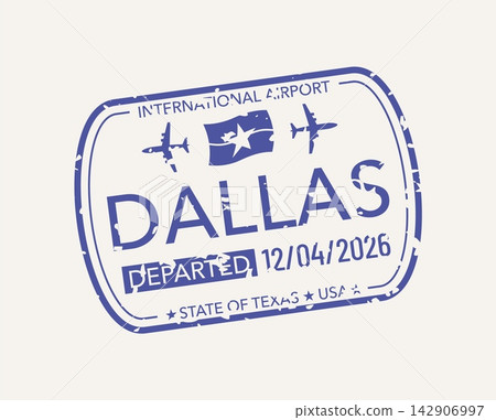 USA Dallas travel passport ink stamp, American airport arrival, trip vacation visa label. Vector State of Texas departure mark with airplane silhouettes, flag symbol, stars, international airport text USA Dallas travel passport ink stamp, American airport arrival, trip vacation visa label. Vector State of Texas departure mark with airplane silhouettes, flag symbol, stars, international airport text 142906997