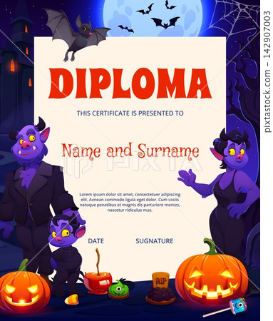 Halloween holiday kids diploma certificate. Vector template featuring cartoon monster family, bats and spooky sweets on dark night background. Creepy diploma for Halloween parties or school events Halloween holiday kids diploma certificate. Vector template featuring cartoon monster family, bats and spooky sweets on dark night background. Creepy diploma for Halloween parties or school events 142907003