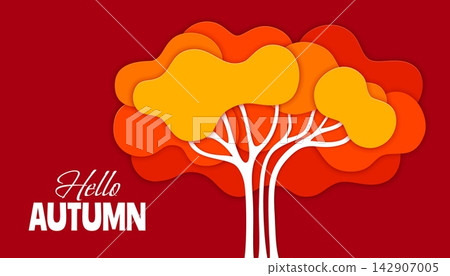 Paper cut autumn greeting card banner with bright fall season tree. 3d papercut Hello Autumn nature background of abstract fall season forest tree with paper cut layered orange, red, yellow wavy crown Paper cut autumn greeting card banner with bright fall season tree. 3d papercut Hello Autumn nature background of abstract fall season forest tree with paper cut layered orange, red, yellow wavy crown 142907005