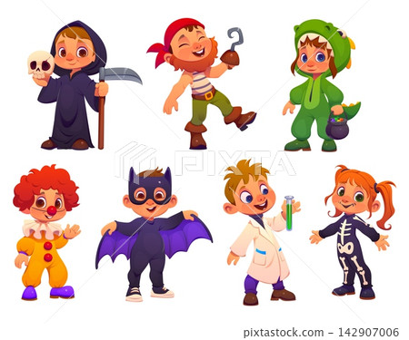 Cartoon kid characters in Halloween trick treat costumes of bat, skeleton and pirate personages. Cute girl and boy kids having fun at Halloween party in clown, death, scientist and dinosaur costumes Cartoon kid characters in Halloween trick treat costumes of bat, skeleton and pirate personages. Cute girl and boy kids having fun at Halloween party in clown, death, scientist and dinosaur costumes 142907006