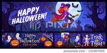 Happy Halloween holiday banners featuring witch on broomstick over graveyard, ghost in pirate costume, mummy, glowing pumpkins and scary Halloween sweets. Spooky Halloween party vector banners Happy Halloween holiday banners featuring witch on broomstick over graveyard, ghost in pirate costume, mummy, glowing pumpkins and scary Halloween sweets. Spooky Halloween party vector banners 142907009