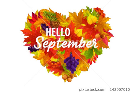 Hello autumn September banner with dense heart of seasonal leaves, forest berries, fruits, nuts and conifer. Hello autumn September festival invitation, autumn equinox poster with oak acorns and maple Hello autumn September banner with dense heart of seasonal leaves, forest berries, fruits, nuts and conifer. Hello autumn September festival invitation, autumn equinox poster with oak acorns and maple 142907010