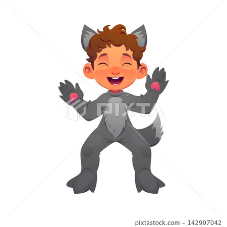 Cartoon kid boy in Halloween gray wolf costume. Funny personage with clawed paws, pointed grey ears, fluffy chest patch and bushy tail for trick or treat event invitation or classroom decoration Cartoon kid boy in Halloween gray wolf costume. Funny personage with clawed paws, pointed grey ears, fluffy chest patch and bushy tail for trick or treat event invitation or classroom decoration 142907042