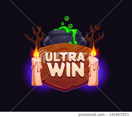 Cartoon Halloween icon Ultra win features bubbling black cauldron overflowing with green potion. Bonus prize emblem with wooden shield, candlelights and branches for holiday game reward notifications Cartoon Halloween icon Ultra win features bubbling black cauldron overflowing with green potion. Bonus prize emblem with wooden shield, candlelights and branches for holiday game reward notifications 142907053