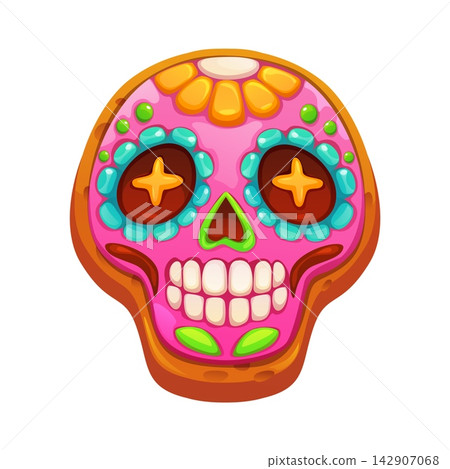 Cartoon Dead Day holiday cookie with pink skull with flowers. Vector religion Mexican sweet biscuit with sugar creepy mask. Traditional sweet for Dia de los Muertos holiday Cartoon Dead Day holiday cookie with pink skull with flowers. Vector religion Mexican sweet biscuit with sugar creepy mask. Traditional sweet for Dia de los Muertos holiday 142907068