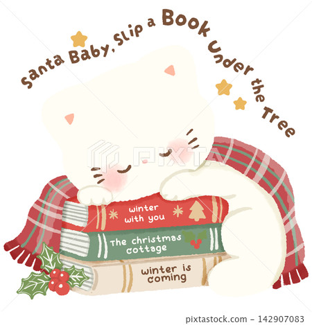Cute White Cat Sleeping on a Stack of Christmas Books Santa Baby Slip a Book Under the Tree Kawaii Book Lover Holiday Clipart Illustration 142907083