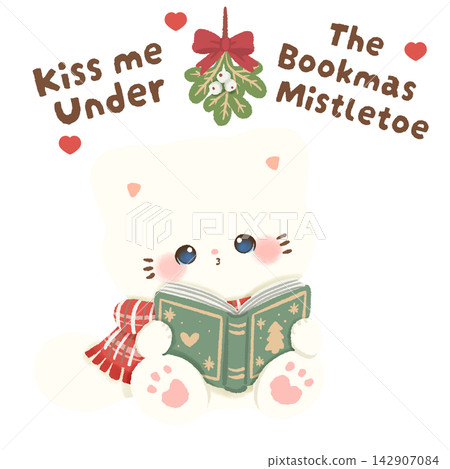 Cute White Cat Reading a Christmas Book Under Mistletoe Kiss Me Under the Bookmas Mistletoe Kawaii Romantic Holiday Clipart Illustration Cute White Cat Reading a Christmas Book Under Mistletoe Kiss Me Under the Bookmas Mistletoe Kawaii Romantic Holiday Clipart Illustration 142907084