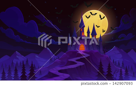 Halloween night dark castle with towers, creepy moon and flying bats over spooky house in haunted forest. Cartoon night castle or Dracula mansion on mountain hill with road and full moon moonlight Halloween night dark castle with towers, creepy moon and flying bats over spooky house in haunted forest. Cartoon night castle or Dracula mansion on mountain hill with road and full moon moonlight 142907093