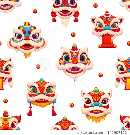 Chinese New Year lion dance heads seamless pattern. Festive seamless texture featuring colorful traditional Southern lion dance masks Barongsai with scrolls and pearls for festive textile prints Chinese New Year lion dance heads seamless pattern. Festive seamless texture featuring colorful traditional Southern lion dance masks Barongsai with scrolls and pearls for festive textile prints 142907112