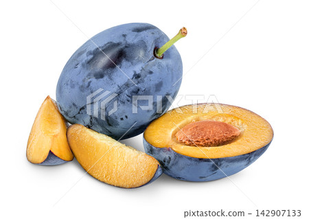 fresh blue plum with slices isolated on white background fresh blue plum with slices isolated on white background 142907133