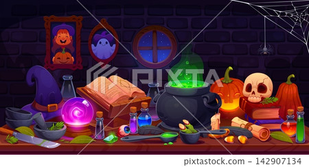 Cartoon witch table, arcade game alchemist laboratory room, wizard fantasy lab with magic potion and poison bottles, sorceress spell book, cauldron and skull. Witch table Halloween game background Cartoon witch table, arcade game alchemist laboratory room, wizard fantasy lab with magic potion and poison bottles, sorceress spell book, cauldron and skull. Witch table Halloween game background 142907134