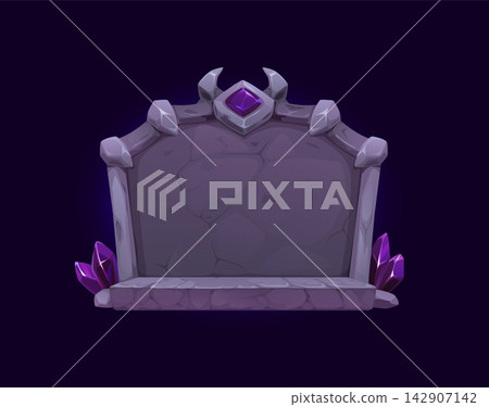 Cartoon Halloween tombstone, gravestone or crypt, arcade game stone frame UI asset. Halloween holiday spooky cemetery vintage gravestone with magic crystals and gems. Gothic graveyard tombstone frame Cartoon Halloween tombstone, gravestone or crypt, arcade game stone frame UI asset. Halloween holiday spooky cemetery vintage gravestone with magic crystals and gems. Gothic graveyard tombstone frame 142907142