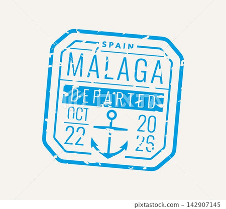 Malaga Europe travel passport ink stamp, European airport and seaport arrival label, trip vacation visa. Vector departure mark, vintage immigration stamp with Spain lettering, anchor symbol and date Malaga Europe travel passport ink stamp, European airport and seaport arrival label, trip vacation visa. Vector departure mark, vintage immigration stamp with Spain lettering, anchor symbol and date 142907145