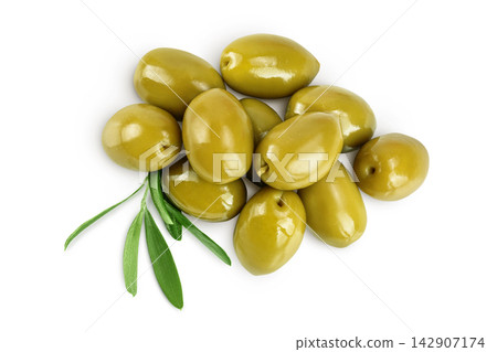 Green olives with leaves isolated on a white background with full depth of field. Top view. Flat lay Green olives with leaves isolated on a white background with full depth of field. Top view. Flat lay 142907174