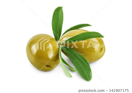 Green olives with leaves isolated on a white background with full depth of field Green olives with leaves isolated on a white background with full depth of field 142907175