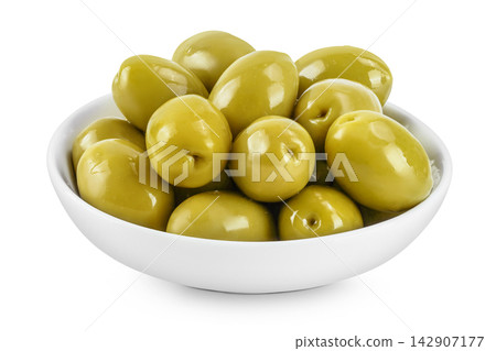 Green olives in ceramic bowl isolated on a white background with full depth of field Green olives in ceramic bowl isolated on a white background with full depth of field 142907177