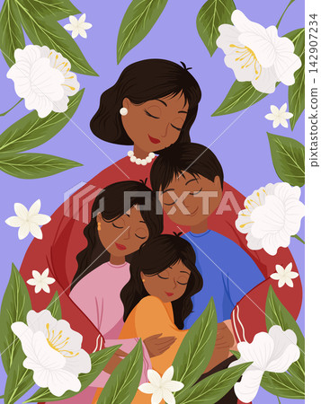 Mother with her children are embracing. Woman, daughters and son vector cute illustration for greeting card, poster, print with floral composition. Happy Mother's Day or Women's Day concept 142907234