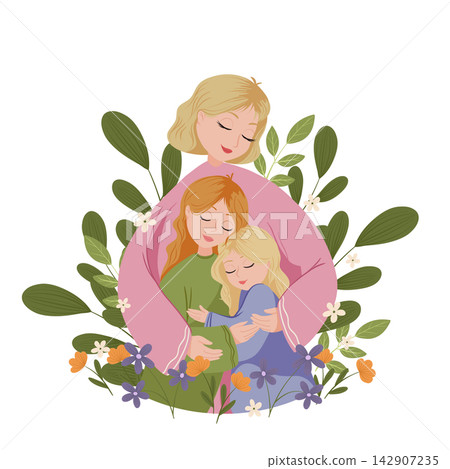 Mother and daughters are embracing, vector cute illustration for greeting card, poster, print with floral background. Happy Mother's Day or Women's Day concept Mother and daughters are embracing, vector cute illustration for greeting card, poster, print with floral background. Happy Mother's Day or Women's Day concept 142907235