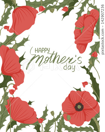 Happy Mother's Day greeting card with red flowers and hand lettering. Hand drawn vector illustration with poppies for greeting card, print, gift. Vectical banner composition Happy Mother's Day greeting card with red flowers and hand lettering. Hand drawn vector illustration with poppies for greeting card, print, gift. Vectical banner composition 142907236