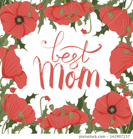 Mother's Day vector greeting card with flowers. Best mom hand lettering. Hand drawn illustration. Colorful blooming bouquets with wildflowers. Postcard design. 142907237