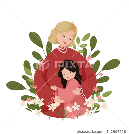 Mother and daughter hugging, vector cute illustration for greeting card, poster, print with floral background. Happy Mother's Day or Women's Day concept Mother and daughter hugging, vector cute illustration for greeting card, poster, print with floral background. Happy Mother's Day or Women's Day concept 142907238