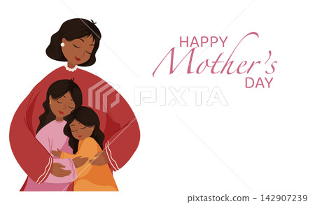 Happy Mother's Day. Mother and daughters hugging, vector cute illustration for greeting card, poster or background. Horizontal banner on white background Happy Mother's Day. Mother and daughters hugging, vector cute illustration for greeting card, poster or background. Horizontal banner on white background 142907239