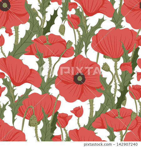 Red poppies with green leaves seamless pattern. Big bright red flowers on a white background. Summer vector illustration for print, fabric, textile, wallpaper, home decor, packaging design Red poppies with green leaves seamless pattern. Big bright red flowers on a white background. Summer vector illustration for print, fabric, textile, wallpaper, home decor, packaging design 142907240
