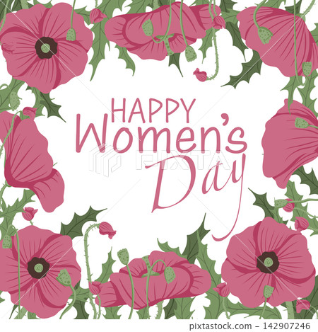 Happy Women's Day greeting card with pink flowers and typescript. Hand drawn vector illustration with poppies for greeting card, print, gift. Square composition banner 142907246