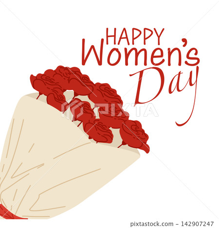 Happy Women's Day greeting card with red flowers and typescript. Hand drawn vector illustration with roses bouquet for greeting card, print, gift. Square composition banner Happy Women's Day greeting card with red flowers and typescript. Hand drawn vector illustration with roses bouquet for greeting card, print, gift. Square composition banner 142907247