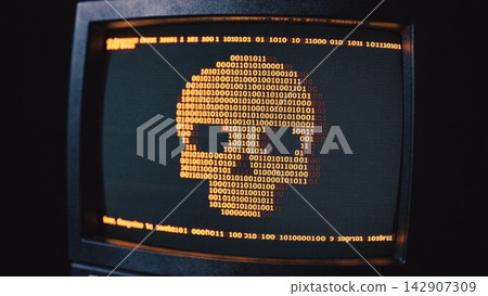 Human skull formed from cascading binary code vector background Human skull formed from cascading binary code vector background 142907309
