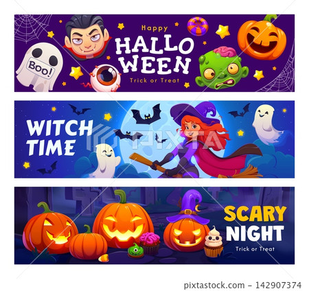 Happy Halloween banners with cartoon scary holiday characters. Vector scary designs with vampire, ghost, zombie, pumpkin, and witch on broomstick for website headers, social media promotions Happy Halloween banners with cartoon scary holiday characters. Vector scary designs with vampire, ghost, zombie, pumpkin, and witch on broomstick for website headers, social media promotions 142907374