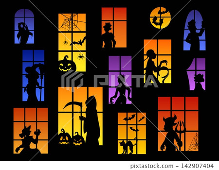 Halloween holiday characters silhouettes in windows. Spooky personages featuring ghost, zombie, witch, werewolf, cat, bats, devil, mummy, Dracula, spider. Eerie vector silhouettes for Halloween party Halloween holiday characters silhouettes in windows. Spooky personages featuring ghost, zombie, witch, werewolf, cat, bats, devil, mummy, Dracula, spider. Eerie vector silhouettes for Halloween party 142907404