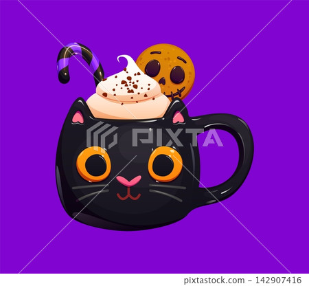 Cartoon Halloween black cat dessert mug with big orange eyes and pink nose, topped with whipped cream, stitched skull cookie and striped candy cane. Halloween dessert drink icon for cafe menu design Cartoon Halloween black cat dessert mug with big orange eyes and pink nose, topped with whipped cream, stitched skull cookie and striped candy cane. Halloween dessert drink icon for cafe menu design 142907416