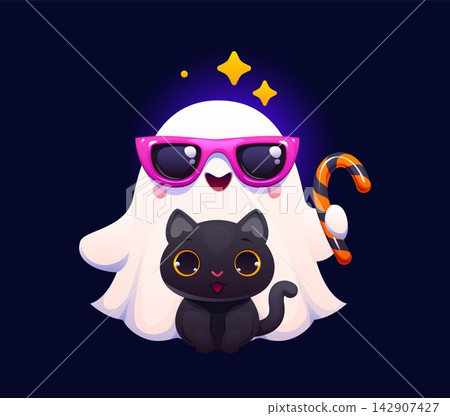 Cartoon cute kawaii Halloween ghost character with black cat. Adorable ghost mascot wearing pink sunglasses and holding striped candy cane for Halloween party invitations and kids apparel prints Cartoon cute kawaii Halloween ghost character with black cat. Adorable ghost mascot wearing pink sunglasses and holding striped candy cane for Halloween party invitations and kids apparel prints 142907427