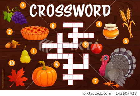 Autumn and Thanksgiving crossword quiz grid surrounded by numbered icons of turkey, pumpkin, pie, honey jar and maple leaf. Cartoon fall word puzzle for kids worksheets or holiday activity books 142907428